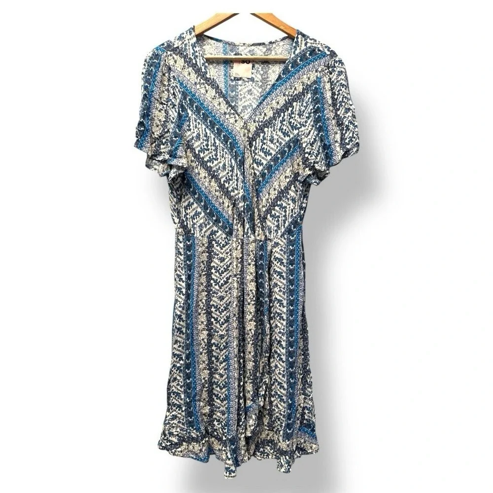SO Goods For Life Blue Floral Stripe Faux‎ Wrap Dress XXL Short Sleeve V-Neck